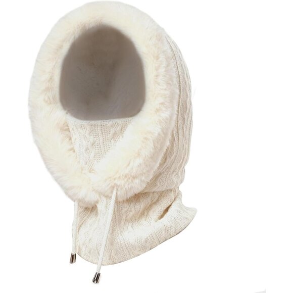 Women White Polyester Warm Thick Fluff Beanie Neck Face Winter Balaclava - Picture 1 of 7